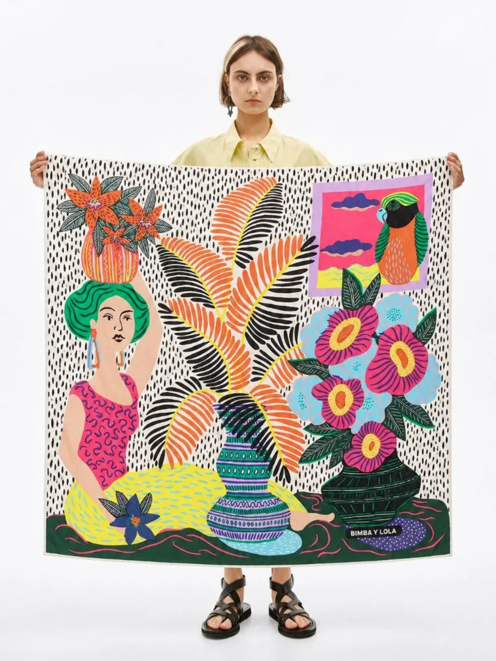 Bimba Y Lola Silk Scarf Tropical Woman Parrot Floral Folk Art Large Square